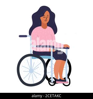 Junge Frau ist auf einem Rollstuhl. Behinderung und soziale Verantwortung. Mädchen mit schwarzen Haaren und rosa Pullover. Cartoon Vektorgrafik isoliert ein Stockfoto