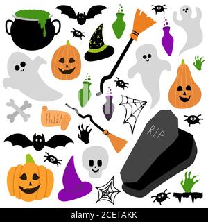 Niedliche Halloween-Set mit Scarry Tag Symbole. Lustige Cartoon Geist, Kürbis, Giftflasche, Kiefer, Hexenhut sind auf weißem Hintergrund. Stockfoto