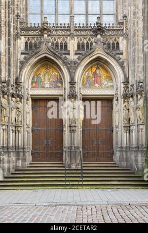 St. Lambertkirche, Münster, Deutschland, berühmte gotische Kathedrale, prachtvolles Westportal, kunstvoll verzierte Steinarbeiten, Kunstwerke, Deutschland, Europa. Stockfoto