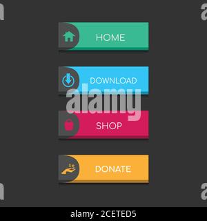 Bunte Web-Design-Knopf-Kollektion mit flachem Design. Web-und ui-Anwendung Farbe Button-Symbol für moderne Website. Vektorsymbole auf dunklem Bac isoliert Stock Vektor