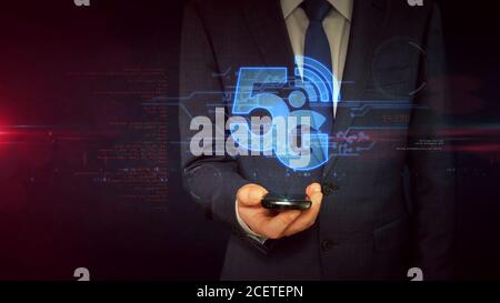 5g Mobilfunk, Kommunikationstechnik, drahtloses Internet und Speed-Phone-Netzwerk Symbol Konzept. Futuristische abstrakte 3d-Rendering-Illu Stockfoto