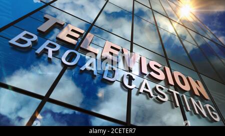Fernsehübertragungsschild auf Glasgebäude. Fernsehübertragung, Nachrichtenmedien und Telekommunikationskonzept in 3D Rendering Illustration. Gespiegelter Himmel und Stockfoto