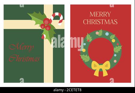 Weihnachtskarte im flachen Stil. Helle Illustration mit einem Geschenk vom Weihnachtsmann und einem Weihnachtsbaumkranz mit Spielzeug. Poster für Grüße, Partys, Verkäufe oder Web-Anzeigen. Chirstmas Simple Typography Grußposter Stock Vektor