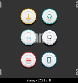 Kreis Web-Design Knopfkollektion mit flachem Design. Web-und ui-Anwendung Farbe Button-Symbol für moderne Website. Vektorsymbole auf dunklem Hintergrund isoliert Stock Vektor