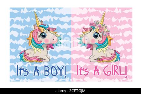 Baby Dusche Grußkarte mit niedlichen Cartoon Einhorn Mädchen Stock Vektor