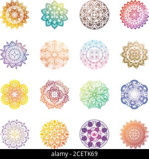 Set von Gradienten Mandalas oder orientalischen Dekorationen auf weißem Hintergrund Stock Vektor