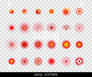 Schmerzlokalisierungskreise, Zielvektorsymbole gesetzt. Rote Runden, Ache Symbole Sammlung. Schmerz markiert isolierte Packung auf transparentem Hintergrund. Schmerzen Ort, Schmerzmittel radiale Zeichen Illustrationen Stock Vektor