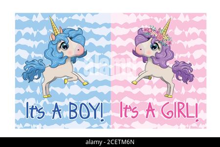 Baby Dusche Grußkarte mit niedlichen Cartoon Einhorn Mädchen Stock Vektor