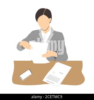 Junge Geschäftsfrau, die Dokumente liest und am Schreibtisch sitzt. Geschäftsfrau Silhouette, Vektor flache Illustration Stock Vektor