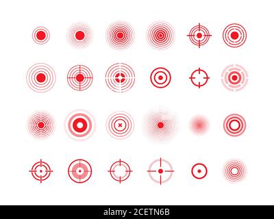 Schmerzkreise, rote Zielvektorsymbole eingestellt. Rote Runden, Ache Symbole Sammlung. Die Lokalisierung von Schmerzen markiert isolierte Packungen auf weißem Hintergrund. Körper Schmerzen Ort radialen abstrakten Zeichen Illustrationen Stock Vektor