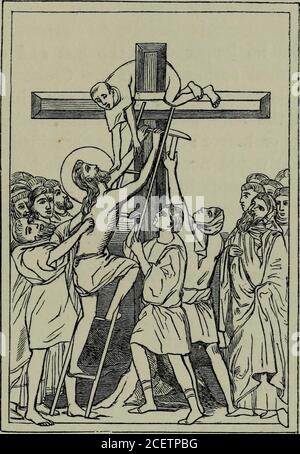 . Die Geschichte unseres Herrn als Beispiel in Kunstwerken: Mit der seiner Typen; St. Johannes der Täufer; und andere Personen des Alten und Neuen Testaments. 175 und den Essig darbringen. (Lucas van Leyden.; dieser Gegenstand, in der Ertborn-Sammlung in Antwerpen (Nr. 69), hat vor knieenden anun, präsentiert von St. Ambrosius: Die Jungfrau und St.. John sitzen in der mittleren Distanz. Dies ist eine erbärmlicheKarikatur. CHRISTUS, DER DAS KREUZ AUFSTEIGT. 129 Christus steigt das Kreuz auf. Dies ist so selten gesehen, dass kein bekannter Meister kann zitiert werden, wie havingattempted es. Es tritt in einer Reihe von Miniaturen des Lebens und. 1 Stockfoto