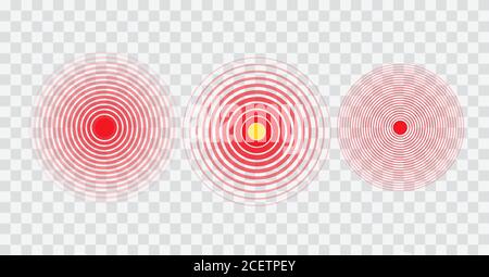 Schmerzlokalisierung rote Kreise Vektorsymbole gesetzt. Körperschmerzen, Verletzung Symbole Sammlung. Schmerzmarker isolierte Packung auf transparentem Hintergrund. Painkiller radiale abstrakte Zeichen Illustrationen Stock Vektor