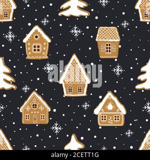 Weihnachten Hintergrund. Nahtloses Wintermuster. Lebkuchendorf. Es gibt Lebkuchenhäuser und Tannenbäume auf einem dunkelblauen Hintergrund. Stock Vektor