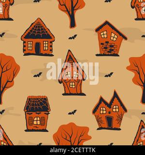 Halloween Hintergrund. Nahtloses Herbstmuster. Gruseliges Dorf. Orangefarbene Silhouetten von Häusern, Bäumen und Fledermäusen auf gelbem Hintergrund. Vektorgrafik Stock Vektor