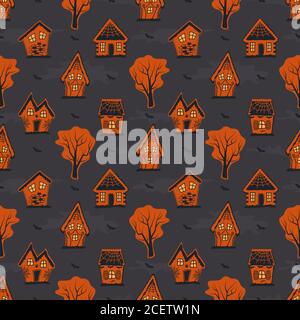 Halloween Hintergrund. Nahtloses Herbstmuster. Gruseliges Dorf. Orangefarbene Silhouetten von Häusern, Bäumen und Fledermäusen auf einem schwarz-grauen Hintergrund. Vektor Stock Vektor