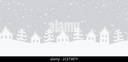 Weihnachten Hintergrund. Winterlandschaft. Nahtloser Rahmen. Es gibt weiße Häuser und Tannen auf grauem Hintergrund. Winterdorf. Vektor Stock Vektor