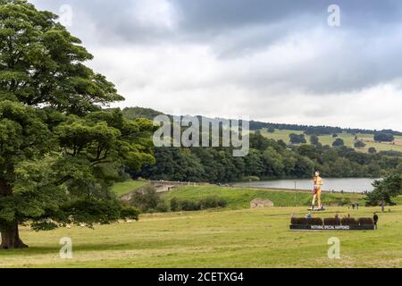 Malerische Landschaft am Yorkshire Sculpture Park mit Damien Hurst monumentale Skulptur die Jungfrau Mutter im Hintergrund. Stockfoto