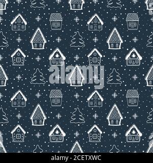 Weihnachten Hintergrund. Nahtloses Wintermuster mit schönen Weihnachtshäusern. Weiße Silhouetten von fabelhaften Gebäuden, Tannen und Schneeflocken Stock Vektor