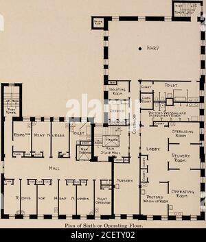 . New York Nursery and Child's Hospital Jahresbericht. Plan der zweiten oder Esszimmer Etage. Gebäude, und im neuen Gebäude der Versammlungsraum und die Quartersdes Hausarztes. Die dritte Etage wird ganz den privaten Patienten übergeben werden.Es gibt keine Änderungen hier außer, dass sieben zusätzliche Zimmer sind pro-vided und ein eigenes Bad. Durch einen sehr einfachen Plan werden vier dieser Raumscan in zwei Suiten gebildet, jede mit seinem eigenen Bad verbunden. Der vierte Stock, auf dem sich jetzt die alte Marion Street Hospitalward befindet, wird im neuen Teil sechs Räume für die Internierten und ihre 23. Bibliothek haben. Stockfoto