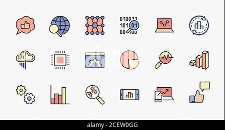 Gelbe Set Data Analysis Verwandte Technologie Vektorlinien-Symbole. Enthält Symbole wie Diagramme, Suche, Grafiken, Verkehrsanalyse, Big Data und mehr Stock Vektor