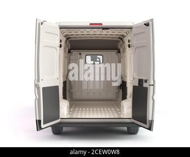 Öffnen Sie die Rückseite des White Delivery Van Icon 3d Render On Weiß Stockfoto