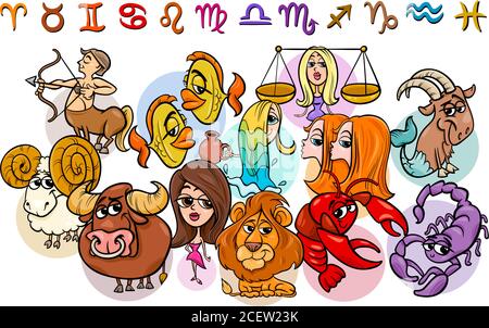 Cartoon Illustration aller Horoskop Sternzeichen Sammlung Stock Vektor