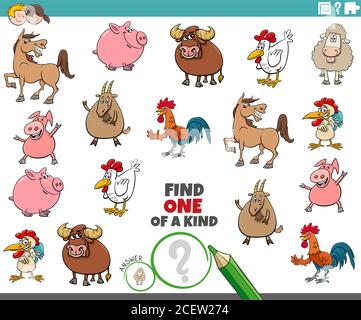 Cartoon Illustration von Finden Sie ein von einer Art Bild Educational Spiel mit Comic Farm Animal Charaktere Stock Vektor