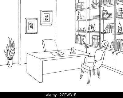 Büroraum Grafik schwarz weiß Innenraum Skizze Illustration Vektor Stock Vektor