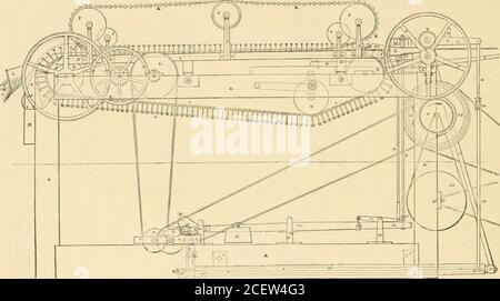 . Memoiren der American Academy of Arts and Sciences. 374 MEMOIREN VON DANIEL TEEADWELL. Der Hanf, der durch die gerade beschriebene Maschine zu einem Herumlaufen geformt worden ist, kann jetzt in die Spinnmaschine, eine Gypsey genannt, übergeben werden. Wenn sie in die Maschine eindringt, liegt sie oder ein gleich dem bereits beschriebenen hatchcl, wobei jede Faser frei ist, sich in Richtung ihrer Länge zu bewegen, ohne andere Fasern mitzu tragen, wenn eine angemessene Kraft für den Zweck angewendet wird. Die Instrumente, durch die diese Kraft aufgebracht wird, sind ein Paar Rollen, die mit konstanter Geschwindigkeit bewegt werden. Die Bereitstellung erfolgt im m Stockfoto