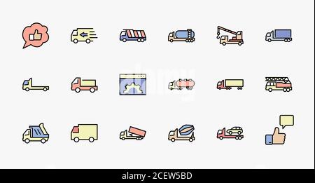 Fahrzeugset der Symbole für die Transportvektor-Linie. Enthält Symbole wie Lkw, Transport, Tow Truck, Kran, Mischer, Müllwagen, Manipulatoren Stock Vektor