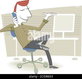 Retro-Stil Illustration eines Geschäftsmannes reden am Telefon. Er sitzt bequem vor dem Computer. Stock Vektor