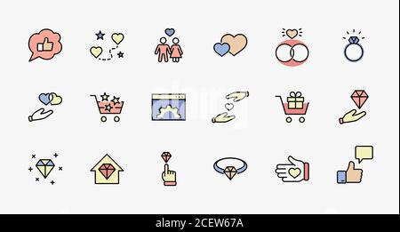 Internationale Symbole Für Den Tag Des Juweliers, Die Als Linienvektor Festgelegt Wurden. Enthält Symbole wie Liebe, Herz, Hand, Familie, Hochzeitsringe, Diamant, Juweliergeschäft, Geschenk, Korb Stock Vektor