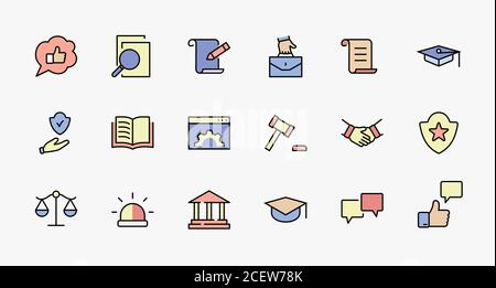 Set of Law and Justice Vector Line Icons. Enthält Symbole wie Waffe, Verhaftung, Autorität, Gerichtsgebäude, Gavel, Recht, Waffe und mehr. Bearbeitbarer Strich Stock Vektor