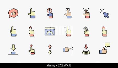 Klicken Sie auf eine Reihe von Schaltflächen für Vektorsymbole. Enthält Symbole wie Cursor, Maus, Hand, Indexfinger, Pfeil und mehr. Bearbeitbare Kontur. 32 x 32 Pixel Stock Vektor