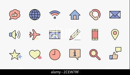 Satz von Web Vector Line Icons. Enthält Symbole wie Globe, Wi-Fi, Home, Heart, Phone, Pencil, Time Clock, Star und mehr. Bearbeitbarer Strich. 32 x 32 Pixel Stock Vektor