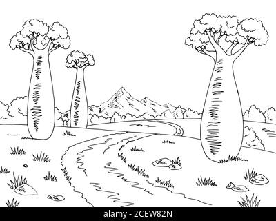 Savannah Grafik schwarz weiß Landschaft Skizze Illustration Vektor Stock Vektor