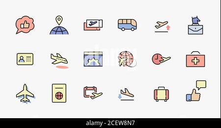 Satz von Flughafensbezogenen Vektorliniensymbolen. Enthält Symbole wie Globe, Abflug, Flugzeug, Bus, Tickets, Gepäckausgabe, Kalender, Kit und mehr Stock Vektor