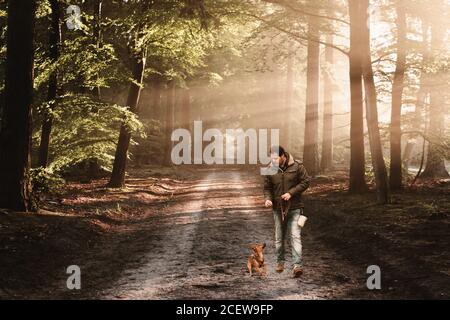 Mann und Hund auf einer Spur im Wald. Wandern, Hundeschule und Outdoor-Aktivitätskonzept. Stockfoto