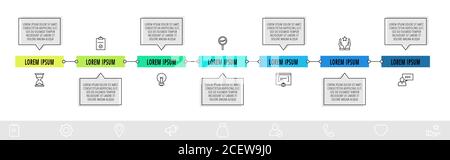 Vektor-Infografik-Design mit 7 Boxen mit Pfeilen und Icons. Flache Vorlage für Flussdiagramm, Infograf, Zeitleiste, Inhalt, Ebenen, Diagramm, Prozess Stock Vektor