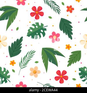 Sommer-Muster mit Blättern und Blumen. Illustration in flachem Stil Stockfoto