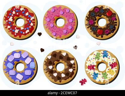 Ein Set von Donuts mit Vereisung und verschiedenen Belägen. Kuchen mit Früchten, Beeren, Pudern, Marshmallows, Marmelade, Schokolade und Nüssen. Süßwaren für Kinder, als Geschenk, für Banner oder Anzeigen. Stock Vektor