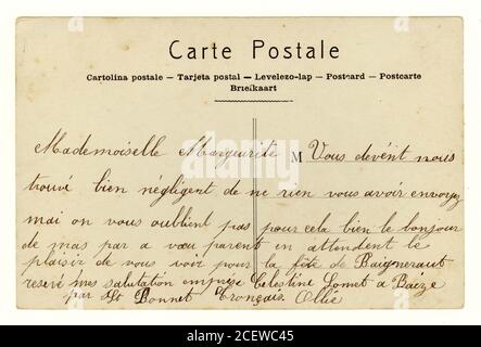 Rückseite der französischen Grußkarte des frühen 20. Jahrhunderts, Frankreich, um 1911 Stockfoto