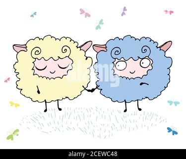 Zwei glückliche lustige flauschige Lämmer auf einer Wiese umgeben von Butterfli Stock Vektor