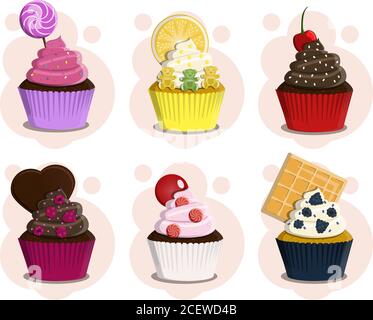 Eine Reihe von verschiedenen Cupcakes mit Sahne und Belag. Plakat mit Kuchen mit Beeren, Schokolade, Süßigkeiten, Lutscher, Streuseln, Marmeladenbären und Früchten. Eine Geschenkkarte für den Kindertag, Valentinstag, Geburtstag oder Konditorei. Stock Vektor