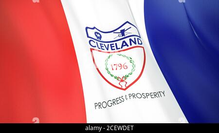 Flatternde Flagge von Cleveland City. Ohio. Die Vereinigten Staaten. Realistisches Rendering in hoher Qualität Stockfoto