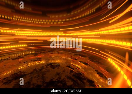 Leuchtende runde, beleuchtete Linien im dunklen, runden Raum, 3d-Rendering. Digitale Zeichnung des Computers. Stockfoto