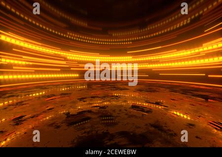 Leuchtende runde, beleuchtete Linien im dunklen, runden Raum, 3d-Rendering. Digitale Zeichnung des Computers. Stockfoto