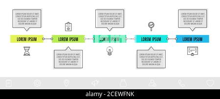 Vektor-Infografik-Design mit 5 Boxen mit Pfeilen und Icons. Flache Vorlage für Diagramm, Web, Workflow-Layout, Präsentationen, Infograph Stock Vektor