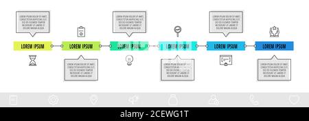 Vektor-Infografik-Design mit sechs Boxen mit Pfeilen und Icons. Flache Vorlage für Diagramm, Geschäft, Web, Banner, Workflow-Layout, Präsentationen Stock Vektor