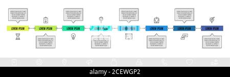 Vektor-Infografik-Design mit acht Boxen mit Pfeilen und Icons. Flache Vorlage für Diagramm, Web, Banner, Workflow-Layout, Präsentationen Stock Vektor
